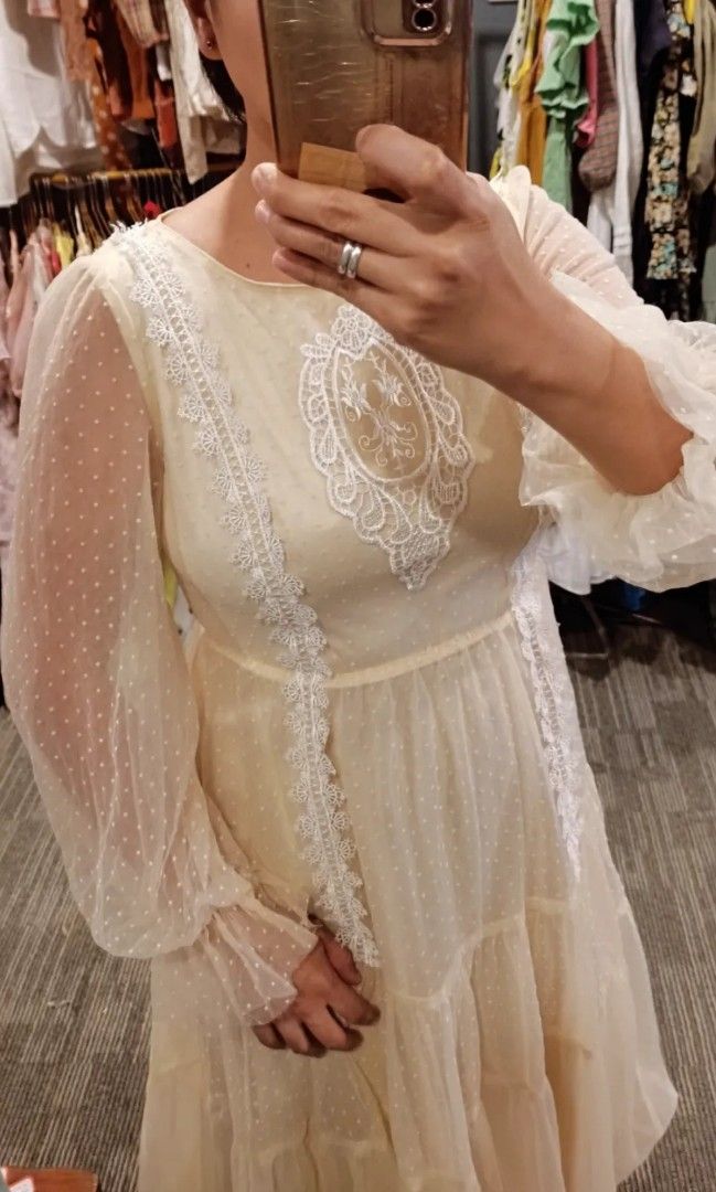 Cream Swiss dot doll dress (Category: Dresses) located in Batangas. Submitted by micaelaul (Listing ID 1452923357, Image 3). Description: 32 bust 24-28 waist.