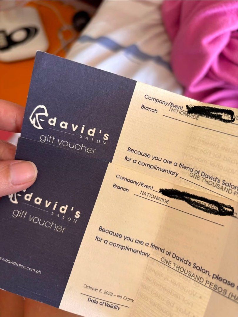 David's Salon Gift Voucher - PHP 1000 (Category: Vouchers) located in Pasig City. Submitted by bookishnook (Listing ID 1452970072, Image 1). Description: - Two (2) David's Salon Gift Vouchers - Each voucher is worth PHP 1000 - Valid for use at any David's Salon branch nationwide - One voucher is dated October 5, 2023 - No expiry date mentioned for either voucher - Ideal for a relaxing and pampering salon experience.