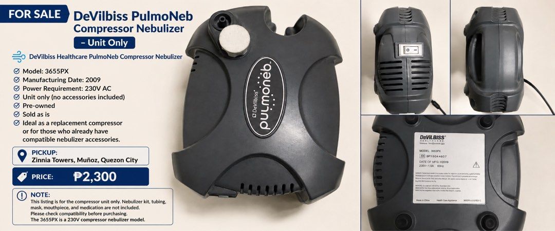 DeVilbiss PulmoNeb 3655PX Compressor Nebulizer Unit Only (Category: Medical Supplies & Tools) located in Valenzuela. Submitted by curioverse96614 (Listing ID 1452963259, Image 1). Description: - DeVilbiss PulmoNeb 3655PX compressor nebulizer - Unit only (no accessories included) - Manufacturing Date: 2009 - Power Requirement: 230V AC - Condition: Pre-owned, sold as is - Ideal as a replacement compressor for existing nebulizer accessories - Pickup