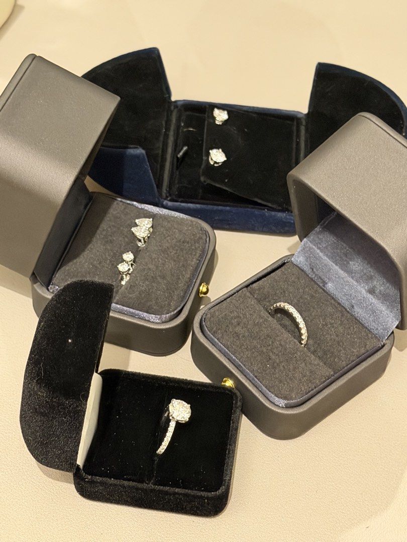Diamond Rings and Earrings Set (Category: Earrings) located in Makati City. Submitted by pepperg (Listing ID 1453025202, Image 1). Description: Labgrown Diamonds 2.13 ct Color F VS1 IGI Certificate Ring size 5 14K WGold Pave setting 103,400.00 3/4 Eternity ring 2.25mm width Ring size 6 14k white gold 35,500 0.25ct ROUND pair earrings 14k white gold setting Php 27,000.00 0.5ct PEAR shape pair earrings 14k white gold setting Php 35,000.00 [SOLD] 1C