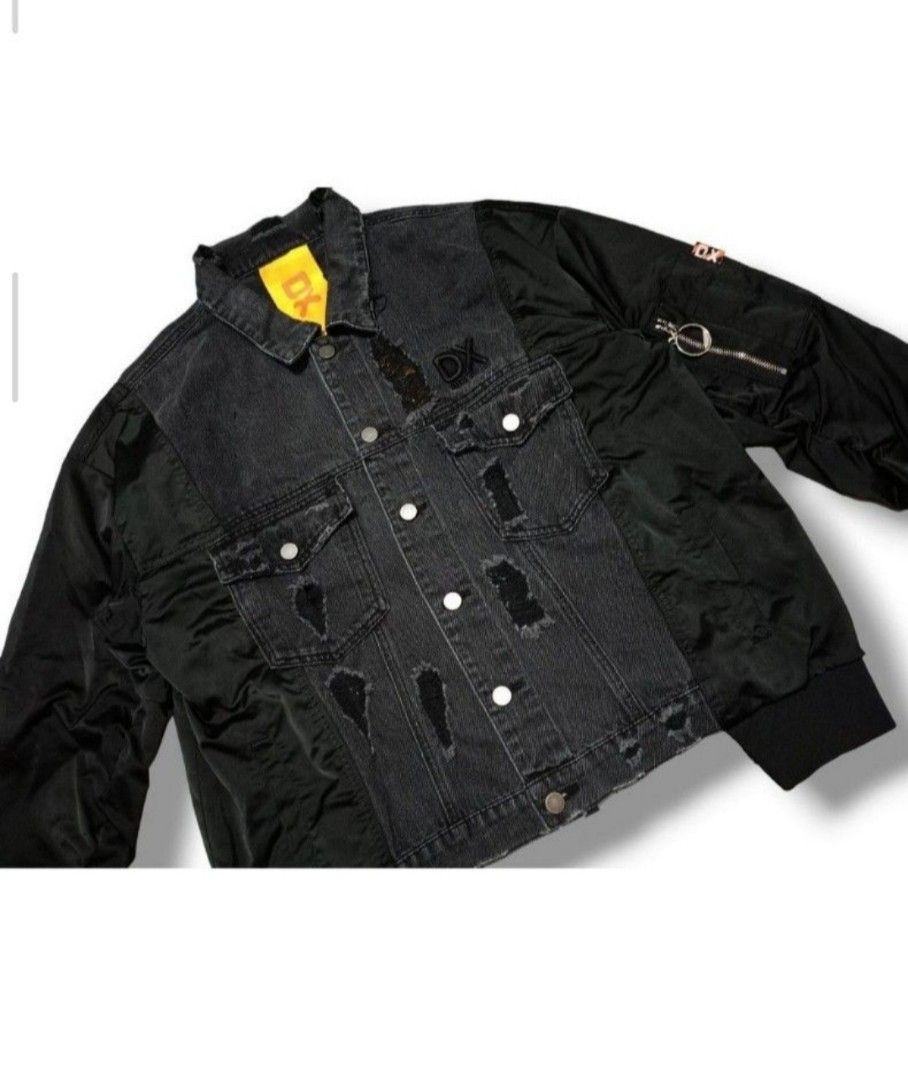 DX Black Bomber Jacket (Category: Coats, Jackets and Outerwear) located in General Trias. Submitted by dunht (Listing ID 1452941729, Image 2). Description: - Black bomber jacket - Distressed denim front panels - Nylon sleeves and back - Biohazard symbol and 'UN 2814' graphic on back - Zipper pocket on sleeve - Tagged 'DX'.