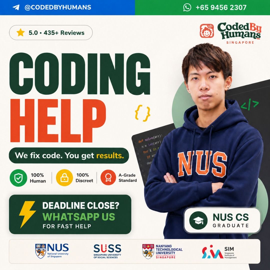 Expert Coding Help Programming Helper Assignment Help Service Python Java Machine Learning Web HTML Revit Matlab Rstudio Excel (Category: Professional Skills) located in Singapore. Submitted by codedbyhumans (Listing ID 1061824635, Image 1). Description: We are expert local graduates ready to help in Python C Java C++ HTML JavaScript R Matlab ANSYS PowerBi Excel SPSS and many more! Case Study: How we saved Two SUSS TMAs for a Struggling father ju