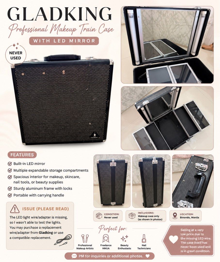GLADKING Professional Makeup Train Case with LED Mirror (Category: Makeup) located in Manila. Submitted by bclzt (Listing ID 1452880729, Image 1). Description: - Sparkly black exterior pattern - Sturdy top handle - Silver trim and clasps - Minor scuffs on side and surface - Ideal for makeup or small item organization - Compact and portable design 💰 Never Used 📍 Binondo, Manila Selling this Gladking Professional Makeup Train Case. It has never b