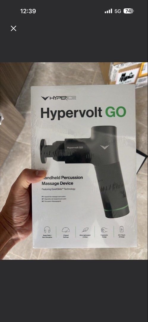 Hyperice hypervolt go (Category: Massage Devices) located in Singapore. Submitted by 123easy1234567 (Listing ID 1452913506, Image 1). Description: - Brand new Hyperice Hypervolt Go percussion massage device. - Features QuietGlide™ Technology for a super quiet experience. - Ultra lightweight at just 1.5 lbs. - Ergonomic design for comfortable handling. - 3 speed settings to customize your massage. - Ideal for muscle recovery and relaxation on the 