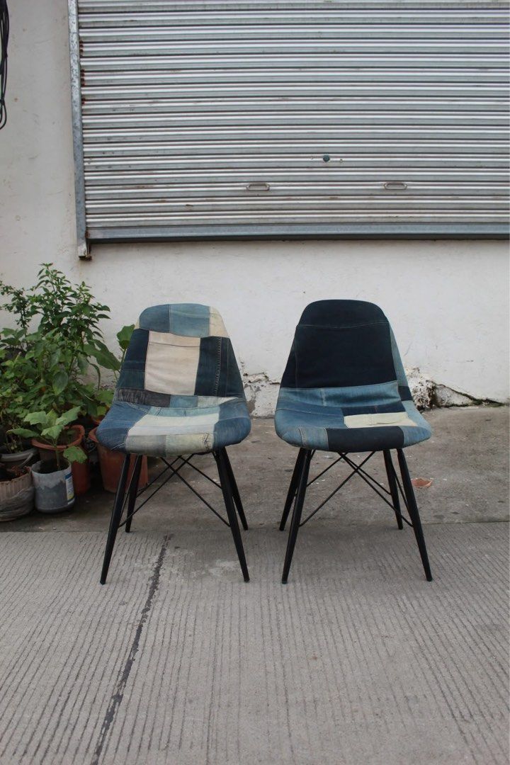 Japan Pair of Patchwork Chairs 🇯🇵 (Category: Chairs) located in San Fernando. Submitted by juls.japan.surplus (Listing ID 1452995399, Image 1). Description: Pair of Patchwork Chairs Stylish pair of mid-century modern dining chairs with unique patchwork denim upholstery and sturdy black Eiffel-style metal legs. Designed with comfortable molded seats and eye-catching details, they’re perfect for dining areas, cafés, offices or modern living space