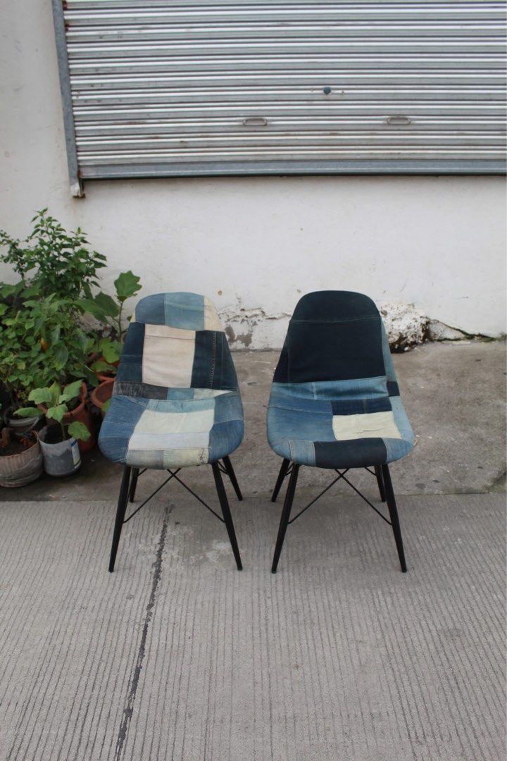 Japan Pair of Patchwork Chairs 🇯🇵 (Category: Chairs) located in San Fernando. Submitted by juls.japan.surplus (Listing ID 1452995399, Image 2). Description: Pair of Patchwork Chairs Stylish pair of mid-century modern dining chairs with unique patchwork denim upholstery and sturdy black Eiffel-style metal legs. Designed with comfortable molded seats and eye-catching details, they’re perfect for dining areas, cafés, offices or modern living space