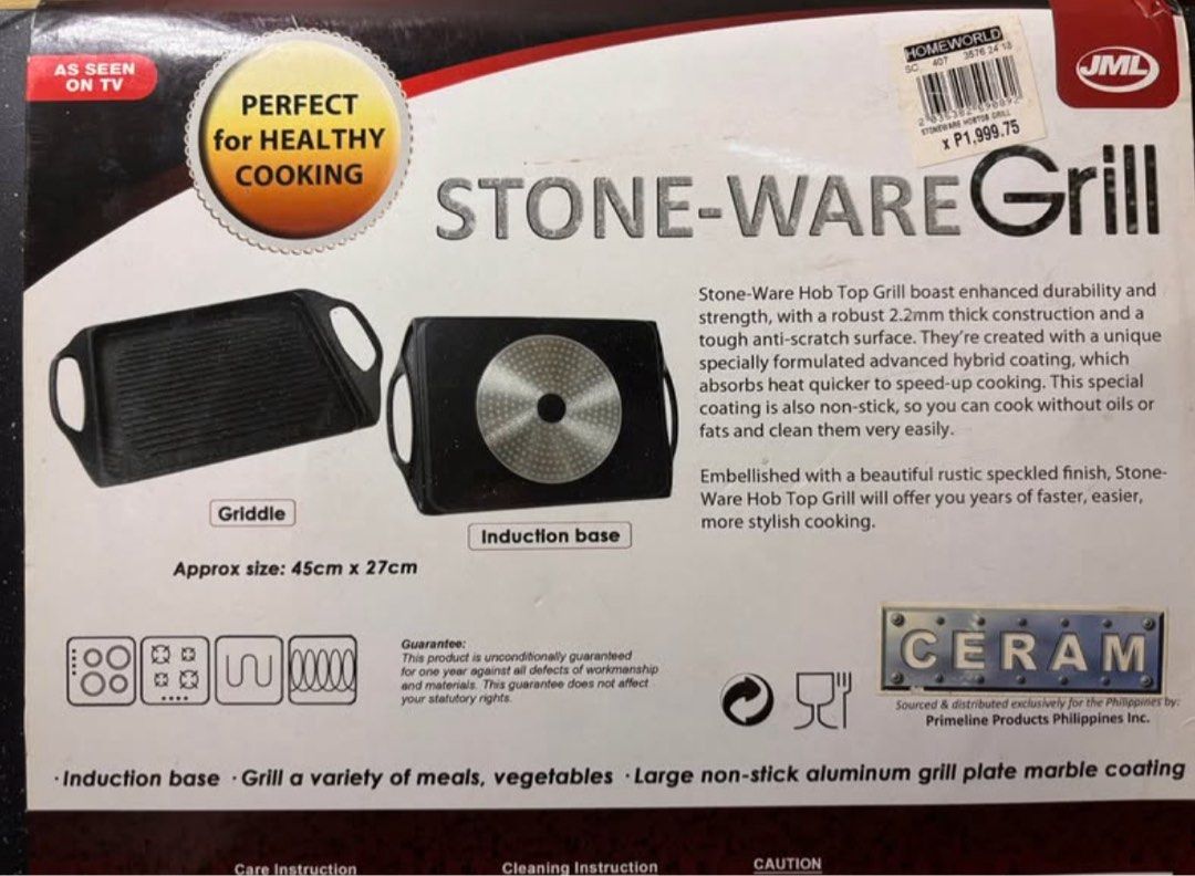 JML Stone-Ware Grill (Category: Cookware & Accessories) located in Naga. Submitted by jhamanji (Listing ID 1453037623, Image 3). Description: Upgrade your cooking game—healthy, easy, and hassle-free! Original Price: ₱1,999.75 Approx Size: 45 cm x 27 cm Features: - Enhanced durability with 2.2mm thick construction - Tough anti-scratch surface - Unique hybrid coating for quick heating - Non-stick for oil-free cooking - Rustic speckled finish - Larg