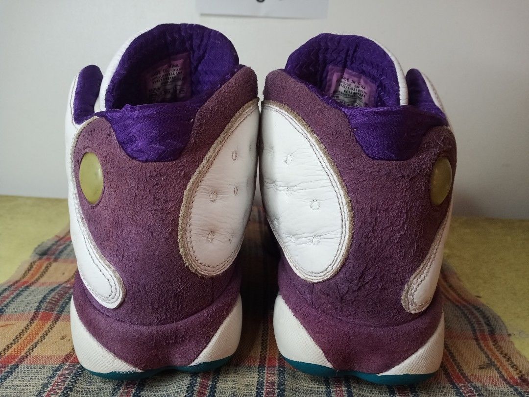 Jordan 13 Hornets Promo sz 9 (Category: Sneakers) located in General Santos City (Dadiangas). Submitted by michaelmp2026 (Listing ID 1452895344, Image 3). Description: - Authentic Jordan 13 Hornets Promo - Size: US 9 - Colorway: White and Purple - Condition: Promo Sample (check photos for details) - Price: PHP 2,300.