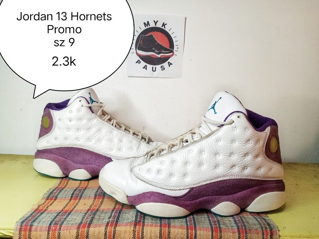 Jordan 13 Hornets Promo sz 9 (Category: Sneakers) located in General Santos City (Dadiangas). Submitted by michaelmp2026 (Listing ID 1452895344, Image 1). Description: - Authentic Jordan 13 Hornets Promo - Size: US 9 - Colorway: White and Purple - Condition: Promo Sample (check photos for details) - Price: PHP 2,300.