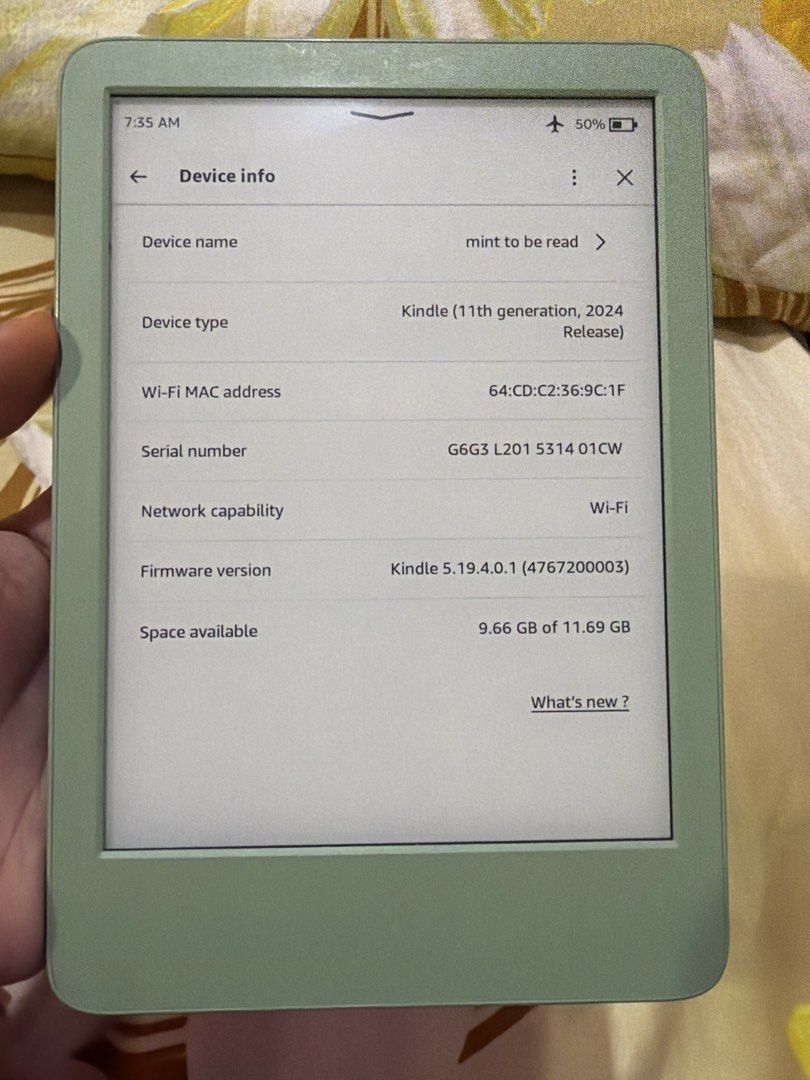 Kindle matcha (Category: E-Readers) located in Manila. Submitted by CheapyBookshop (Listing ID 1453049389, Image 1). Description: - Kindle (11th Generation, 2024 Release) - Color: Matcha Green - Device Name: mint to be read - Storage: 9.66 GB available (out of 11.69 GB) - Network Capability: Wi-Fi - Firmware Version: Kindle 5.19.4.0.1.