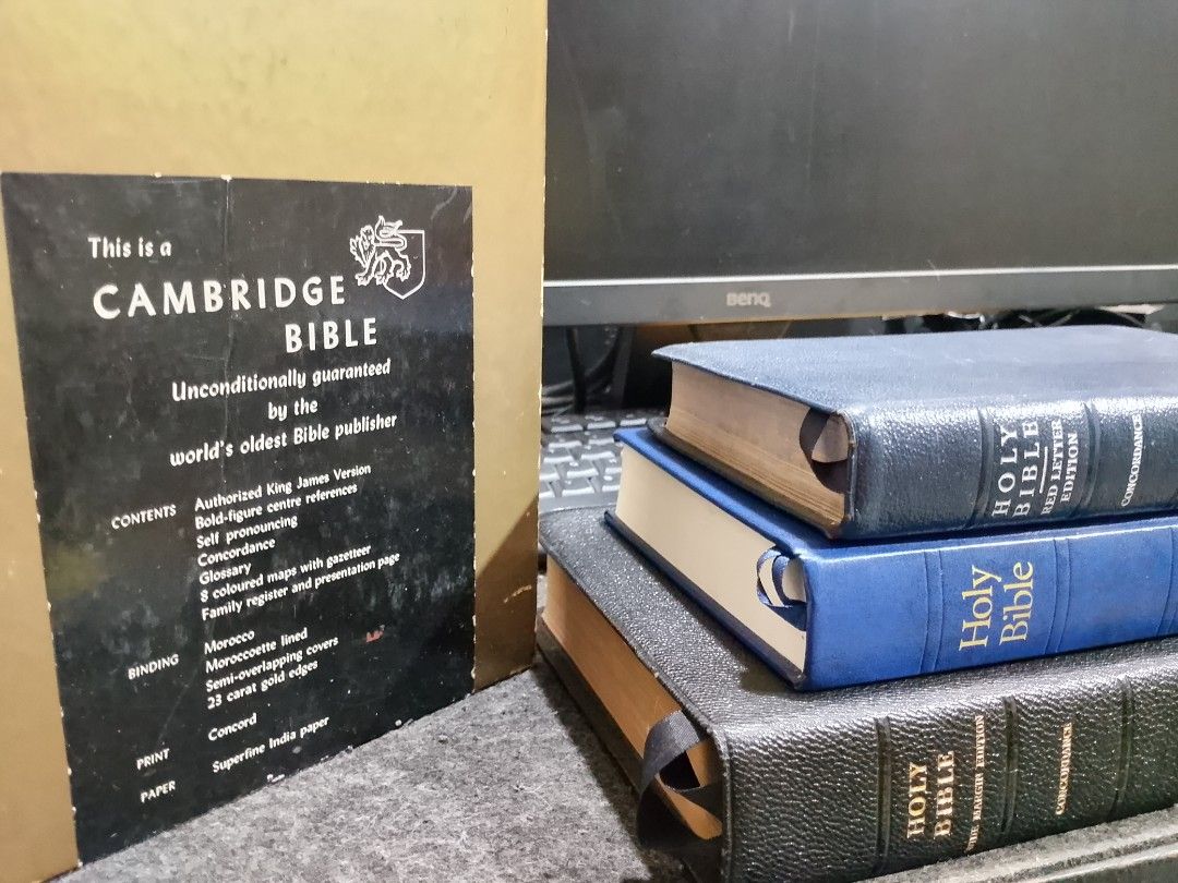 KJV Bible Collection - Need Funds 🙏 (Category: Religion Books) located in Dumaguete. Submitted by wjr123456 (Listing ID 1453015536, Image 2). Description: 1. Cambridge Cameo Ref, Red Letter, India Paper, No Markings - P2500 2. TBS Windsor Text, 2016 Royal Jungbloed - P2,000 3. Cambridge Cameo Wide Margin (Note-taking), Black Letter, Thick Paper - P4,000 (Few Markings) 4. Left Side: Cambridge Concord Ref w/ box, P7,000 Slightly negotiable, I need