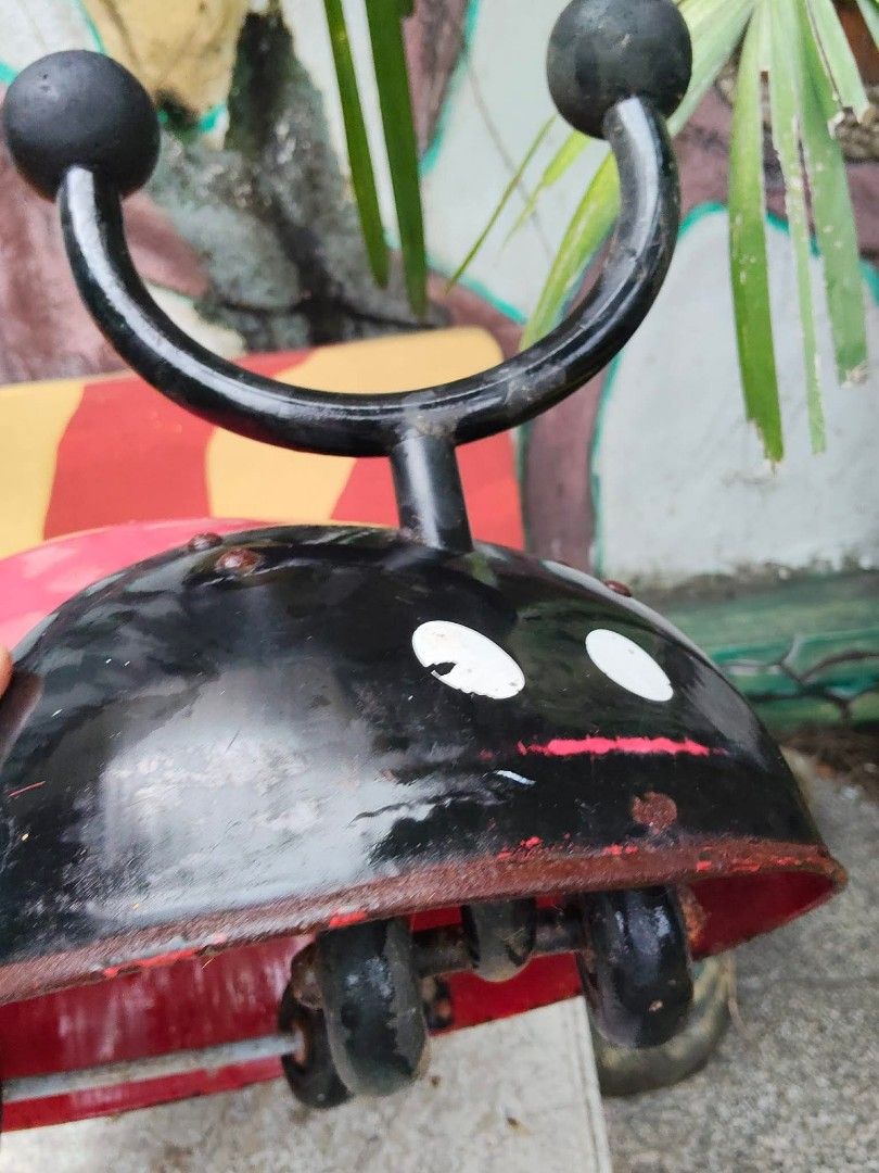 Ladybug Ride-on Toy for Kids (Category: Kids Toys) located in Caloocan City. Submitted by kaymatias (Listing ID 1453032930, Image 2). Description: - Fun ladybug ride-on toy - Bright red with black spots - Features wheels for easy movement - Black seat - Suitable for toddlers and young children - Shows some wear and tear, but fully functional - Ideal for indoor and outdoor play sell as is.
