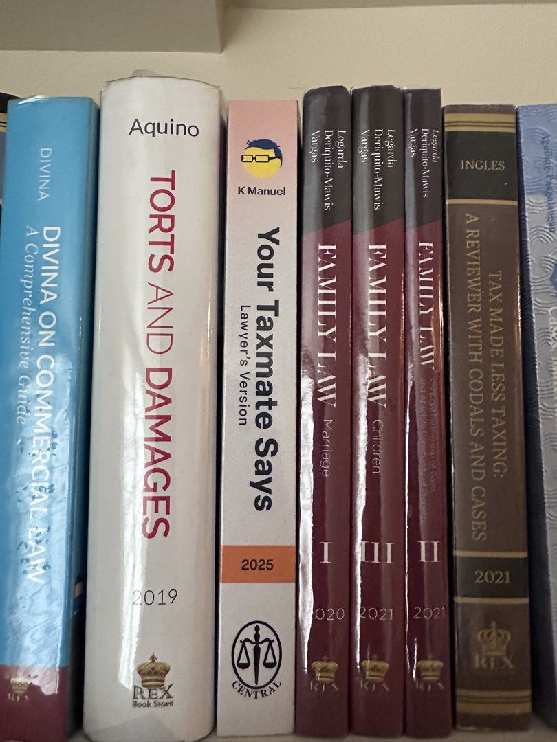 LAW BOOKS FOR SALE (Category: Textbooks) located in Taguig. Submitted by beatrizangela (Listing ID 1452929818, Image 1). Description: - dm me for price Aquino's Torts and Damages (2019) - K Manuel's Your Taxmate Says (2025) - Family Law by Legarda, Deriquito-Mawis, and Vargas (multiple volumes, 2020-2021) - Ingles' Tax Made Less Taxing (2021) - Ideal reference for law students and legal professionals..