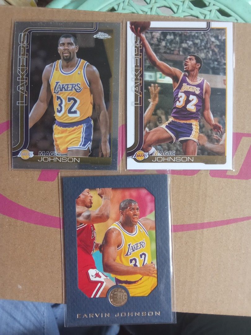 Magic Johnson Lakers Basketball Cards Lot (Category: Raw Singles) located in Pasig City. Submitted by teebeedeee (Listing ID 1452899340, Image 1). Description: - Lot of 3 Magic Johnson basketball cards - Includes two Los Angeles Lakers cards - Features one card with Dennis Rodman - All cards are in protective sleeves - Ideal for Magic Johnson fans and Lakers collectors in sleeves and near mint condition for meetups in pasig rotonda or jnt shippin