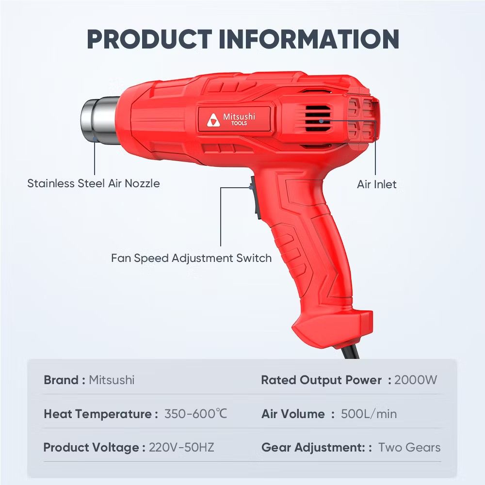 Mitsushi 2000W Heat Gun - Powerful Heating Performance (Category: Construction Tools & Equipment) located in Manila. Submitted by bimmbbbb (Listing ID 1453032373, Image 3). Description: - Mitsushi 2000W Heat Gun - High temperature & fast heating - Strong airflow for quick drying - Two temperature settings - Built-in overheat protection for safety - Stainless steel air nozzle - Perfect for paint removal, heat shrink, film shrink, and softening adh