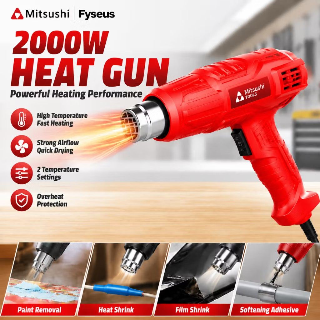Mitsushi 2000W Heat Gun - Powerful Heating Performance (Category: Construction Tools & Equipment) located in Manila. Submitted by bimmbbbb (Listing ID 1453032373, Image 2). Description: - Mitsushi 2000W Heat Gun - High temperature & fast heating - Strong airflow for quick drying - Two temperature settings - Built-in overheat protection for safety - Stainless steel air nozzle - Perfect for paint removal, heat shrink, film shrink, and softening adh