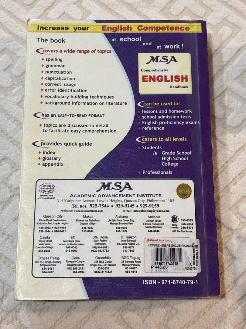 📚MSA Comprehensive English Handbook & Quick Math Review Books (Category: Textbooks) located in Taguig. Submitted by ukaymom (Listing ID 1452979077, Image 3). Description: 📚MSA Comprehensive English Handbook & Quick Math Review ₱350 for English ₱150 for Math ₱400 for both books - Ideal for students and professionals - Covers essential grammar, spelling, and math concepts - Published by MSA Academic Advancement Institute - Bundle deal for compreh