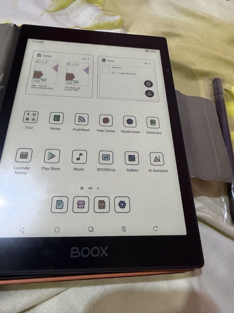 Onyx Boox mini tab C (Category: E-Readers) located in Manila. Submitted by CheapyBookshop (Listing ID 1453049062, Image 2). Description: - Onyx Boox mini tab C e-reader - 64GB internal storage - Includes stylus for note-taking - Eye-friendly display, perfect for long reading sessions - Compact and portable design - Available for meetups at SM City Grand Central and SM City Valenzuela.