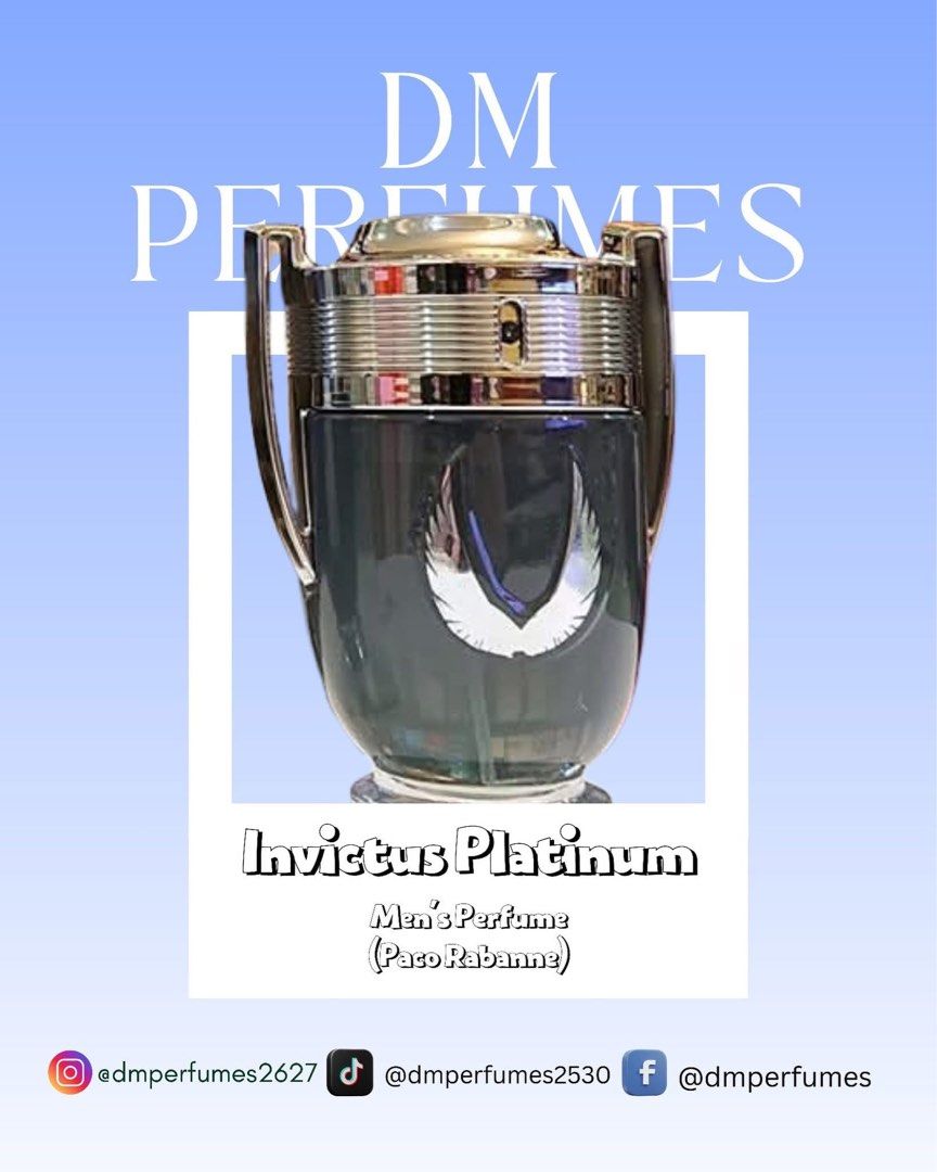 Paco Rabanne Invictus Platinum Men's Perfume (Category: Fragrance & Deodorants) located in Manila. Submitted by wisewind.45f8b1 (Listing ID 1452879006, Image 1). Description: - Invictus Platinum by Paco Rabanne - For Men - Versatile scent, perfect for any occasion - Popular and highly sought-after fragrance MOP: Metrobank/BPI/GCash.