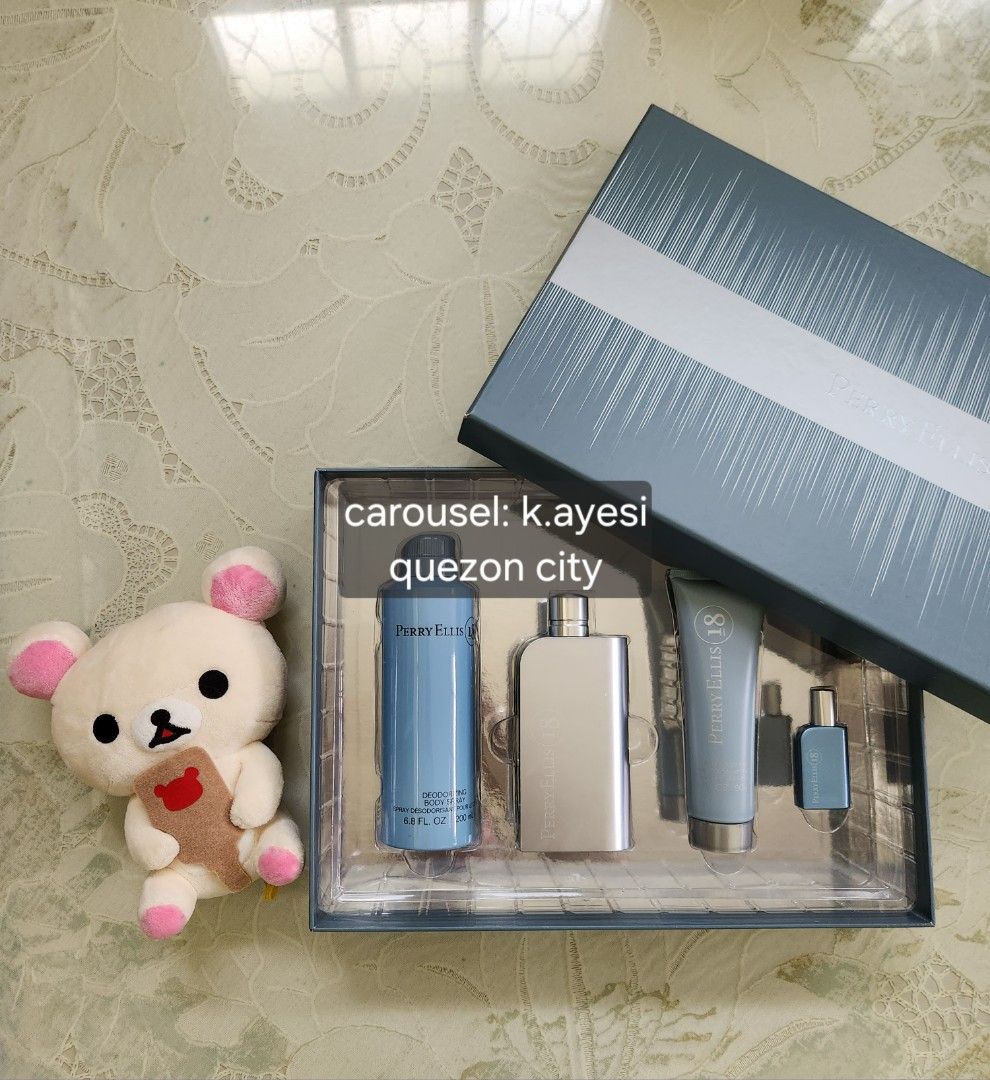Perry Ellis 18 Blue 4 pc. set (Category: Fragrance & Deodorants) located in Quezon City. Submitted by k.ayesi (Listing ID 1453013079, Image 1). Description: Perry Ellis 18 (Blue) 4 pc. set ❗️old stock ❗️box has minor dents Set Includes: 100 ML EDT Spray 7.5 ML EDT Spray 200 ML Deodorizing Body Spray 90 ML Hair and Body Wash Can send more pictures for checking. PM for more details. Can do meetups around SM North Edsa or Trinoma only. if delivery, 