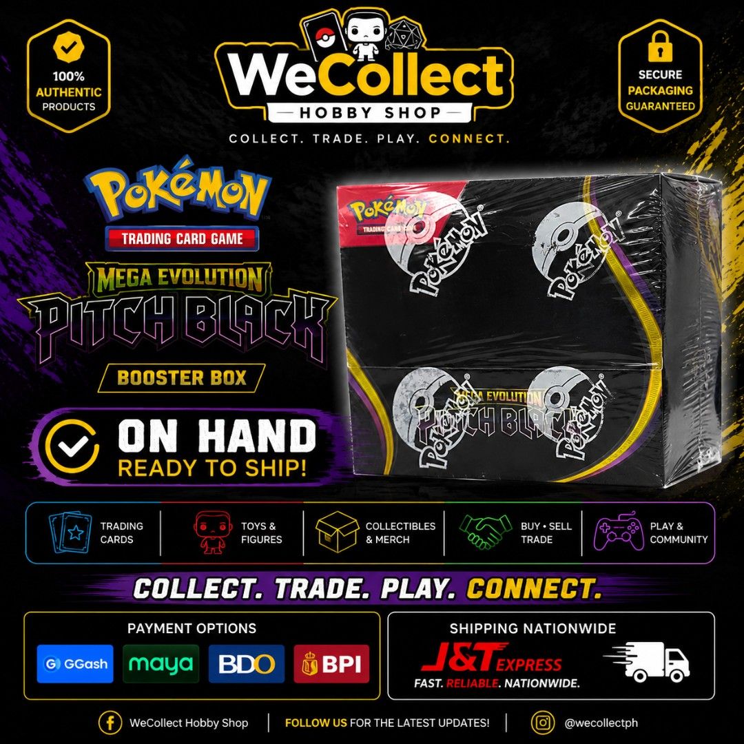 Pokemon TCG Mega Evolution Pitch Black Booster Box - On Hand! (Category: Card Boxes & Cases) located in Manila. Submitted by wecollect_hobbyshop (Listing ID 1453014527, Image 1). Description: - Sealed Pokemon Trading Card Game Mega Evolution Pitch Black Booster Box -Contains 36 Booster Packs - Brand new and ready for immediate shipping - Authentic products guaranteed by WeCollect Hobby Shop - Secure packaging for safe delivery - Nationwide shippi