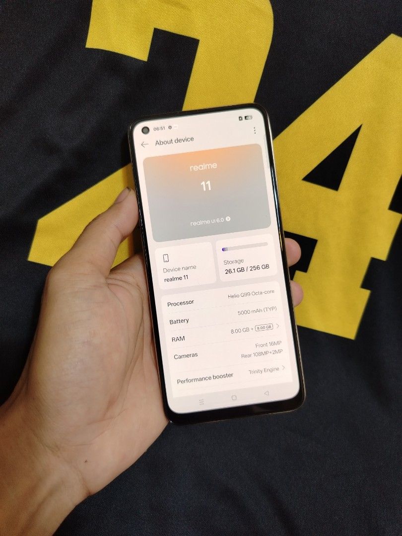 REALME 11 256GB ✅ (Category: Realme) located in Manila. Submitted by wildfish_508394 (Listing ID 1453010188, Image 2). Description: FOR SALE🔻 REALME 11✅ ""8+8ram/256gb"" GOOD FOR GAMING GOOD BATTERY HEALTH SMOOTH TOUCHING MATAGAL MALOWBATT MALINAW CAMERA UNLI RESET/UNLI FORMAT ALL GOOD 100% working WIFI/DATA USE LIKED NEW GAGAMITIN NALANG OPEN MEET UP HALFWAY OPEN COD VIA LALAMOVE.