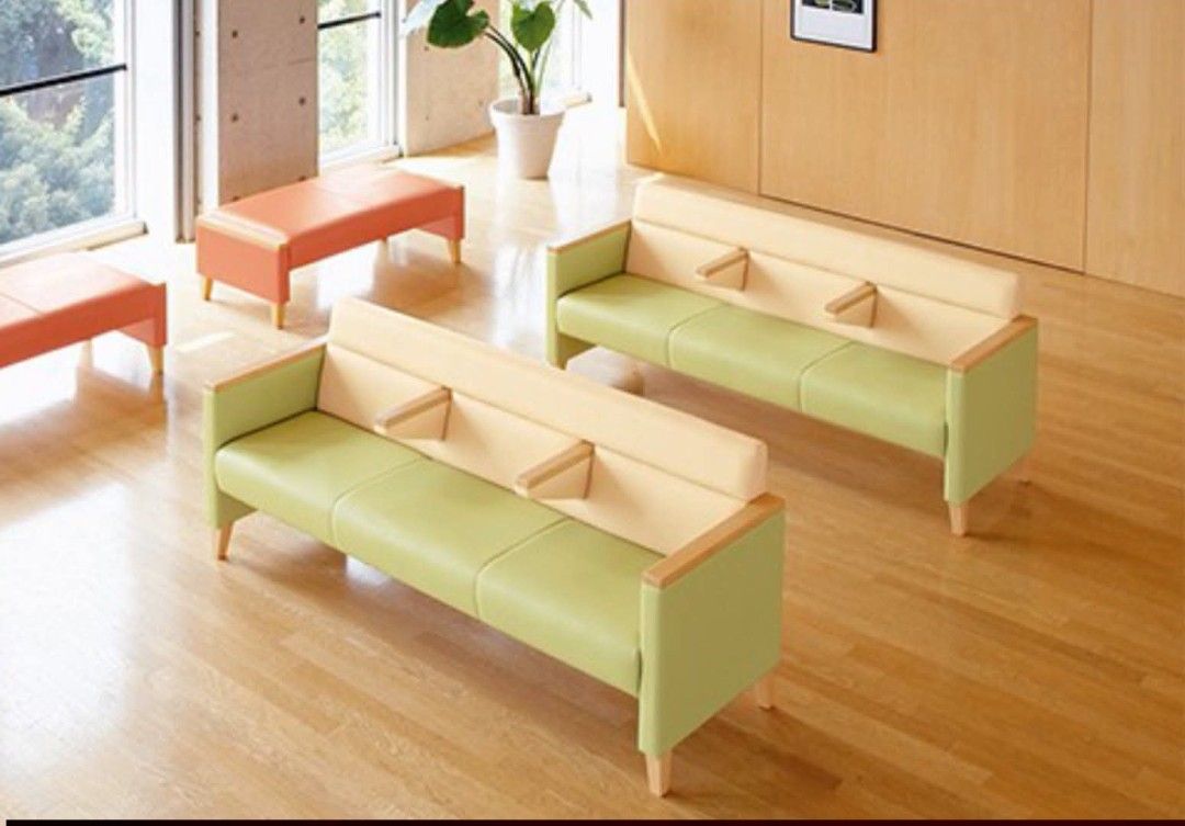 Reception Sofa (Category: Sofas) located in Meycauayan. Submitted by marygracecasimiro (Listing ID 1452966654, Image 2). Description: KAGG LS-500 Office / Reception Sofa 2pcs Colorway : Green / Beige with Wooden Accents SOLID WOOD FRAME!!! LEATHER FABRIC!!! Padded Leather Seats, FOR WAITING AREAS!!! Price : 8,000 each ✅ ; 14k for 2 ✅ 🩷🩷/💚 74L x 25W x 16H seat height inches Sandalan height 30 inches In VERY good condition.