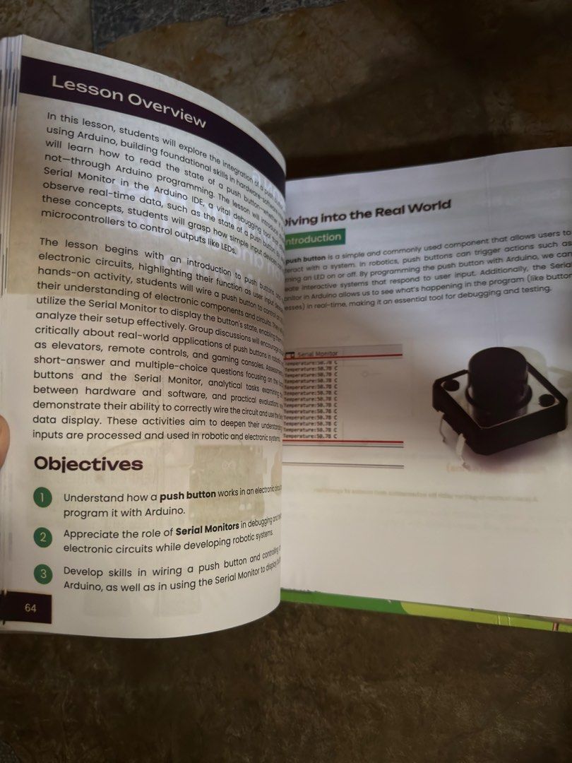Robotics - Bytehub Visionaries Level 1 Book (Category: Textbooks) located in Caloocan City. Submitted by mysticocean.46c204 (Listing ID 1452885276, Image 2). Description: - Visionaries Level 1 book by Bytehub - Covers Arduino programming, push buttons, and serial monitors - Ideal for learning electronics and microcontrollers - Includes lesson overview and objectives - Note: Some writing on the cover.
