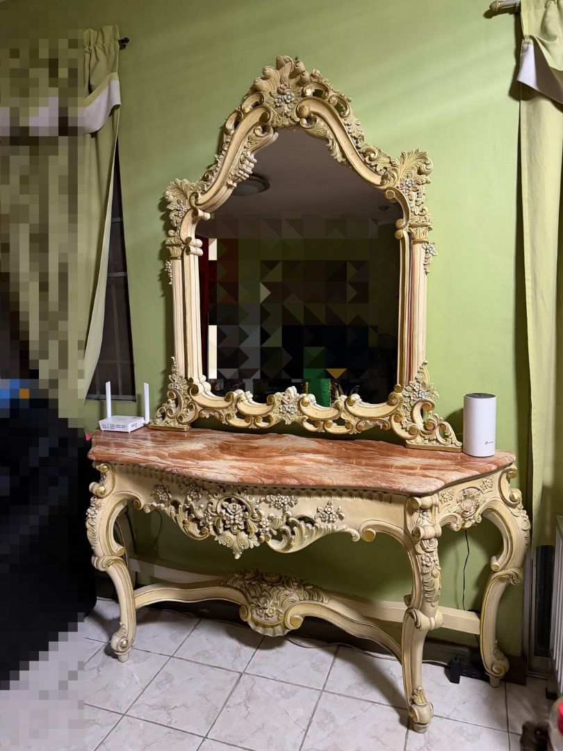 Rococo/Baroque-style Marble Console Table (Category: Tables & Sets) located in Antipolo. Submitted by beanclsy (Listing ID 1453000666, Image 2). Description: Marble table top Height - 83cm Length - 163cm Depth - 47cm Mirror (removable, nakapatong lang sa table) Height (from table top) - 132cm Base Length - 120cm Width (middle part) - 96cm Bought this around mid2000s Not sure what type of wood Just needs cleaning Few chipped parts but not really n