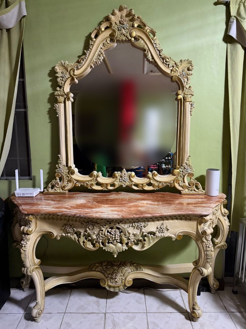 Rococo/Baroque-style Marble Console Table (Category: Tables & Sets) located in Antipolo. Submitted by beanclsy (Listing ID 1453000666, Image 1). Description: Marble table top Height - 83cm Length - 163cm Depth - 47cm Mirror (removable, nakapatong lang sa table) Height (from table top) - 132cm Base Length - 120cm Width (middle part) - 96cm Bought this around mid2000s Not sure what type of wood Just needs cleaning Few chipped parts but not really n
