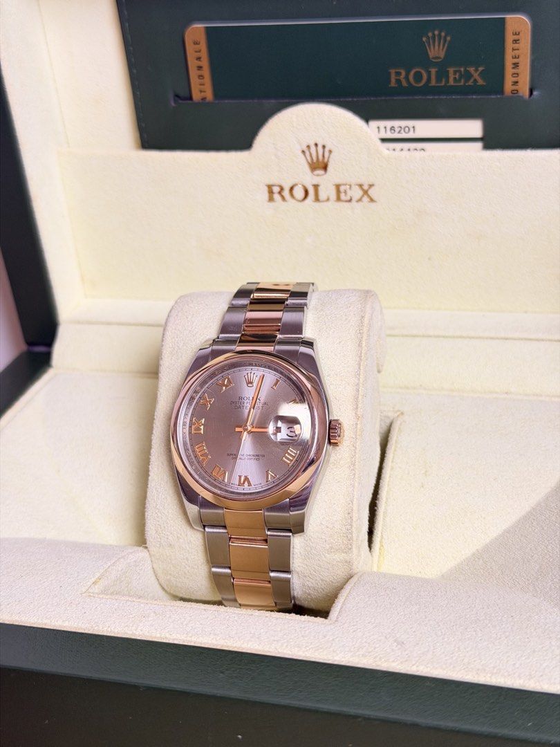Rolex Datejust Rose Gold Rhodium (Category: Luxury Watches) located in Quezon City. Submitted by LuxPieces (Listing ID 1452939154, Image 2). Description: Rolex Datejust Size 36mm Rose Gold and Steel Ref. 116201 Rhodium Roman Dial (RARE) Year 2012 Local AD Full Set 9.5/10 condition (has a small scratch on glass) 485k only.