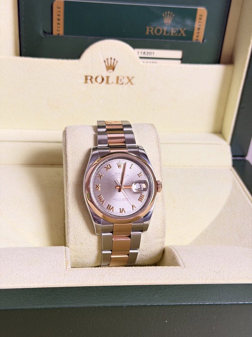 Rolex Datejust Rose Gold Rhodium (Category: Luxury Watches) located in Quezon City. Submitted by LuxPieces (Listing ID 1452939154, Image 3). Description: Rolex Datejust Size 36mm Rose Gold and Steel Ref. 116201 Rhodium Roman Dial (RARE) Year 2012 Local AD Full Set 9.5/10 condition (has a small scratch on glass) 485k only.