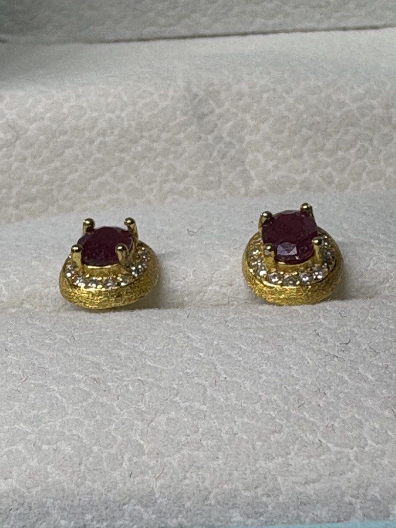 Ruby Earrings (Category: Earrings) located in Singapore. Submitted by Discoverme (Listing ID 1452961717, Image 3). Description: ❤️ Natural Ruby Stud Earrings Elegant Natural Ruby stud earrings set in gold platings with sparkling accent stones. Featuring rich ruby-red gemstones with natural inclusions, these timeless earrings add a touch of sophistication to any outfit. Includes a gemstone identification certificate. A beautiful choice for everyda