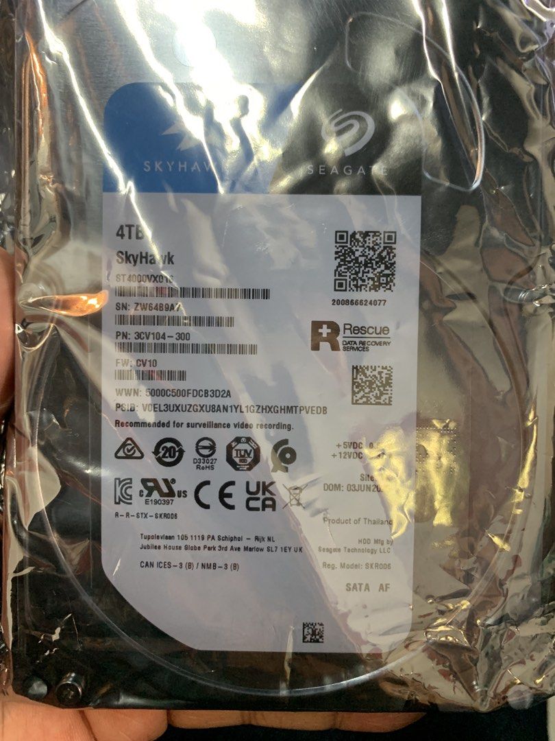 Seagate SkyHawk 4TB Surveillance Hard Drive (Category: Hard Disks & Thumbdrives) located in San Juan City. Submitted by infonet.cctv (Listing ID 1452941331, Image 1). Description: - Seagate SkyHawk 4TB Hard Drive - Model: ST4000VX016 - Ideal for surveillance video recording - Great for security systems - Date of Manufacture (DOM): June 2026 - Made in Thailand.