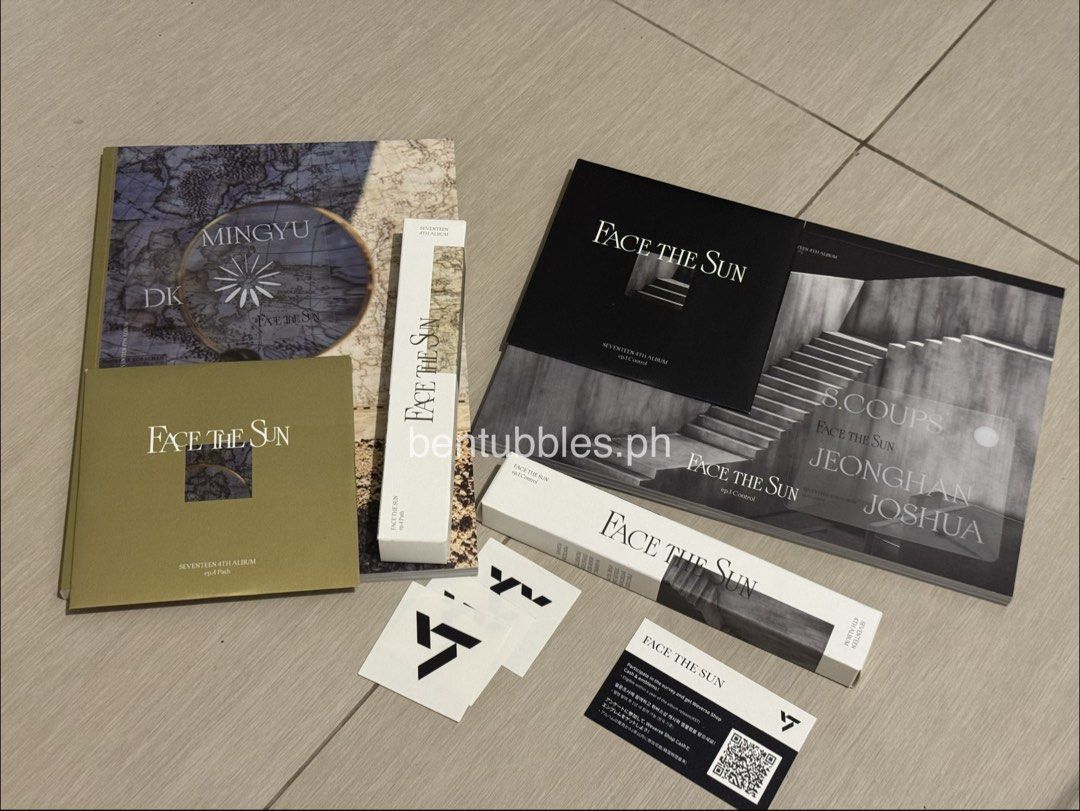 Seventeen Face The Sun Albums (Category: K-Wave Merchandise) located in Dasmarinas. Submitted by bentubbles.ph (Listing ID 1452958496, Image 3). Description: Unsealed Face The Sun Ep.1 Control and Ep.4 Path Inclusions: CD Transparent Card (DK/MINGYU, SCOUPS JH, JOSHUA) Highlighters Stickers Photo Album Behind Take all for 300.