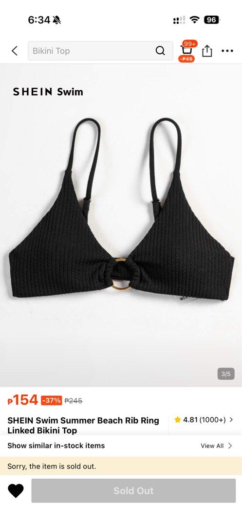 SHEIN Swim Black Rib Ring Triangle Linked Bikini Top (Category: Bikinis & Swimsuits) located in Malolos. Submitted by priothv (Listing ID 1452988057, Image 2). Description: - SHEIN black bikini top - Ribbed texture - Gold ring detail in the center - Adjustable straps - Perfect for beach or pool - Sold out item, don't miss out!.