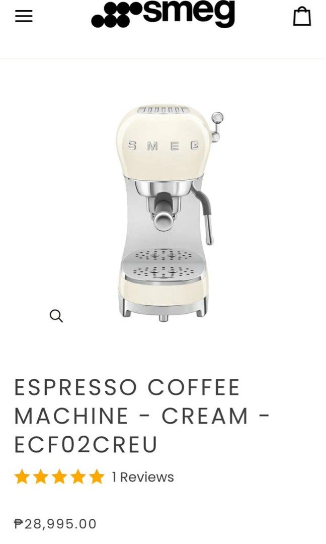 SMEG ECF02CREU Espresso Coffee Machine - Cream (Category: Coffee Machines & Makers) located in Taytay. Submitted by mikz_1303 (Listing ID 1453019601, Image 1). Description: Smeg Espresso Machine Cream Australian mall pull out Used as demo/display unit 220V Complete Box Manual 3 filter basket 2 in 1 Scooper and tamper No issue .