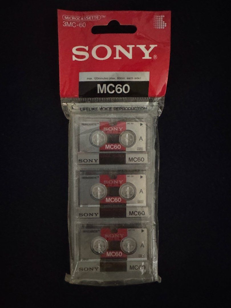 Sony Micro Cassete Tape MC60 (Category: Voice Recorders) located in San Juan City. Submitted by redgecollection (Listing ID 1452882866, Image 1). Description: - Brand new, sealed Sony MC60 micro cassette tapes - 60 minutes total recording time (30 minutes per side) - High-quality voice reproduction - Made in Japan - Ideal for recording dictation, interviews, conferences, and lessons.