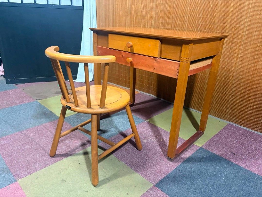 Study Table (Category: Tables & Sets) located in Meycauayan. Submitted by marygracecasimiro (Listing ID 1452963834, Image 2). Description: Wooden Desk with Drawers & Windsor Chair Set SOLID WOOD!!! HEAVY-DUTY!!! Mid-Century Study Table with Drawers & KOIZUMI Windsor Chair Price : 6,500 set ✅ Desk - 32L x 19W x 29H inches Chair - 16L x 16W x 25H inches In VERY good condition 🩷🧡.