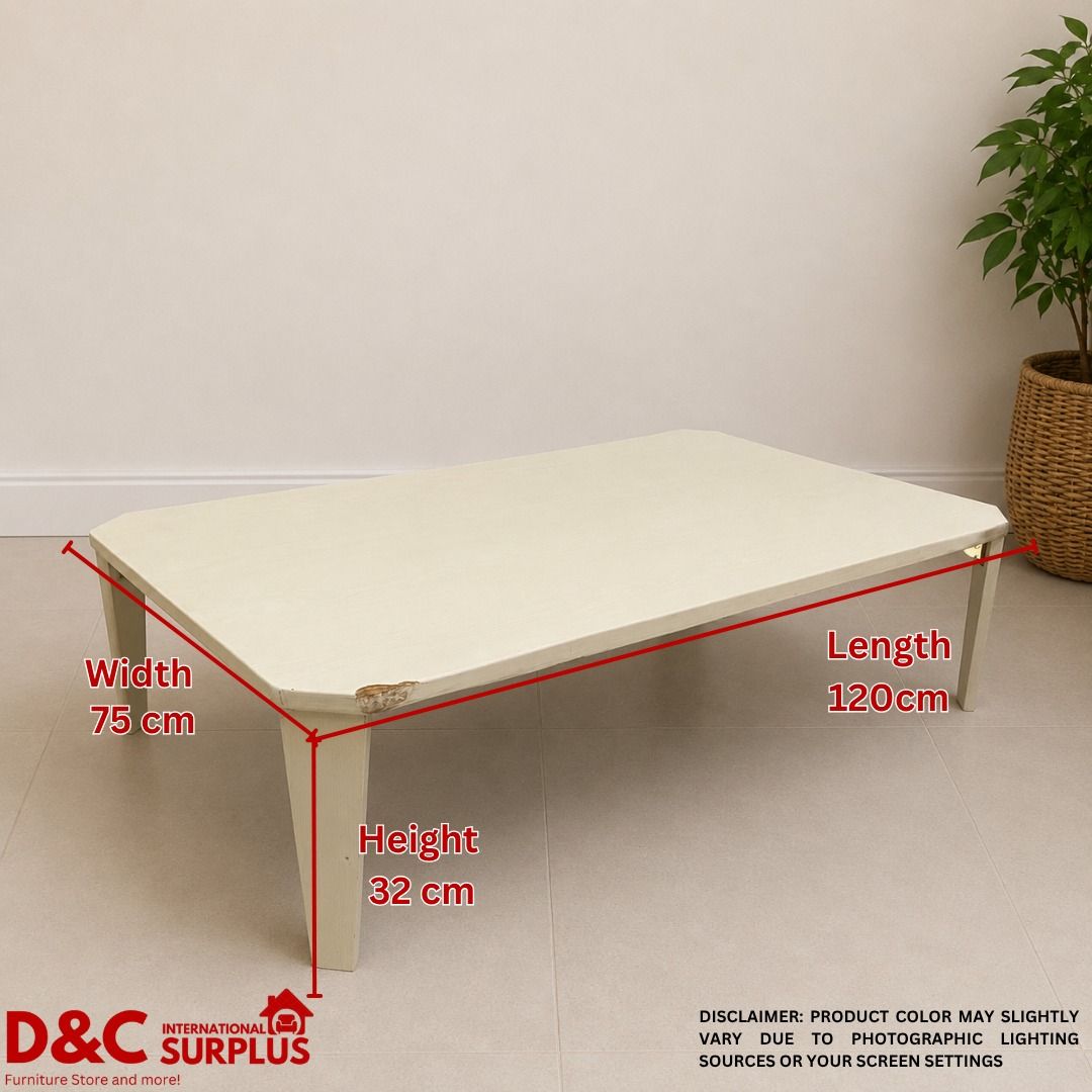 White Foldable Coffee Table (Category: Tables & Sets) located in Caloocan City. Submitted by dcintsurplus (Listing ID 1452996653, Image 3). Description: - Cream-colored foldable coffee table - Dimensions: 120cm (L) x 75cm (W) x 32cm (H) - Legs fold for convenient storage - Ideal for small apartments, dorms, or as an extra surface Item code : ADC0016 📩 Message us to order or reserve! Limited pieces available — first come, first served. 📍 Bagong 