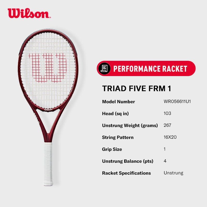Wilson Triad Five FRM 1 Tennis Racket (Category: Racket and Ball Sports) located in Cavite. Submitted by oldthreadsz (Listing ID 1452938146, Image 2). Description: - Wilson Triad Five FRM 1 tennis racket - Head Size: 103 sq in - Unstrung Weight: 267 grams - String Pattern: 16x20 - Grip Size: 1 - Ideal for performance play -Smooth, no scratches, no dents 100% flawless -With “Revolve Spin” string 50 tension -With free extra 2 pcs Wilson Grip tape -