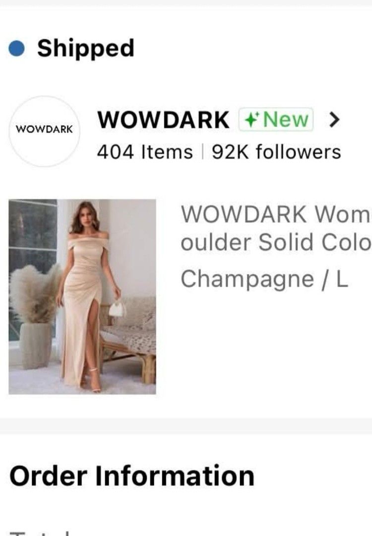 WOWDARK Off Shoulder Solid Color Champagne Dress Size L (Category: Dresses) located in Calamba. Submitted by jingmdejes57879 (Listing ID 1452892977, Image 1). Description: - WOWDARK Off-shoulder Dress - Color: Champagne - Size: L - Condition: Good, recently bought - Perfect for any occasion.