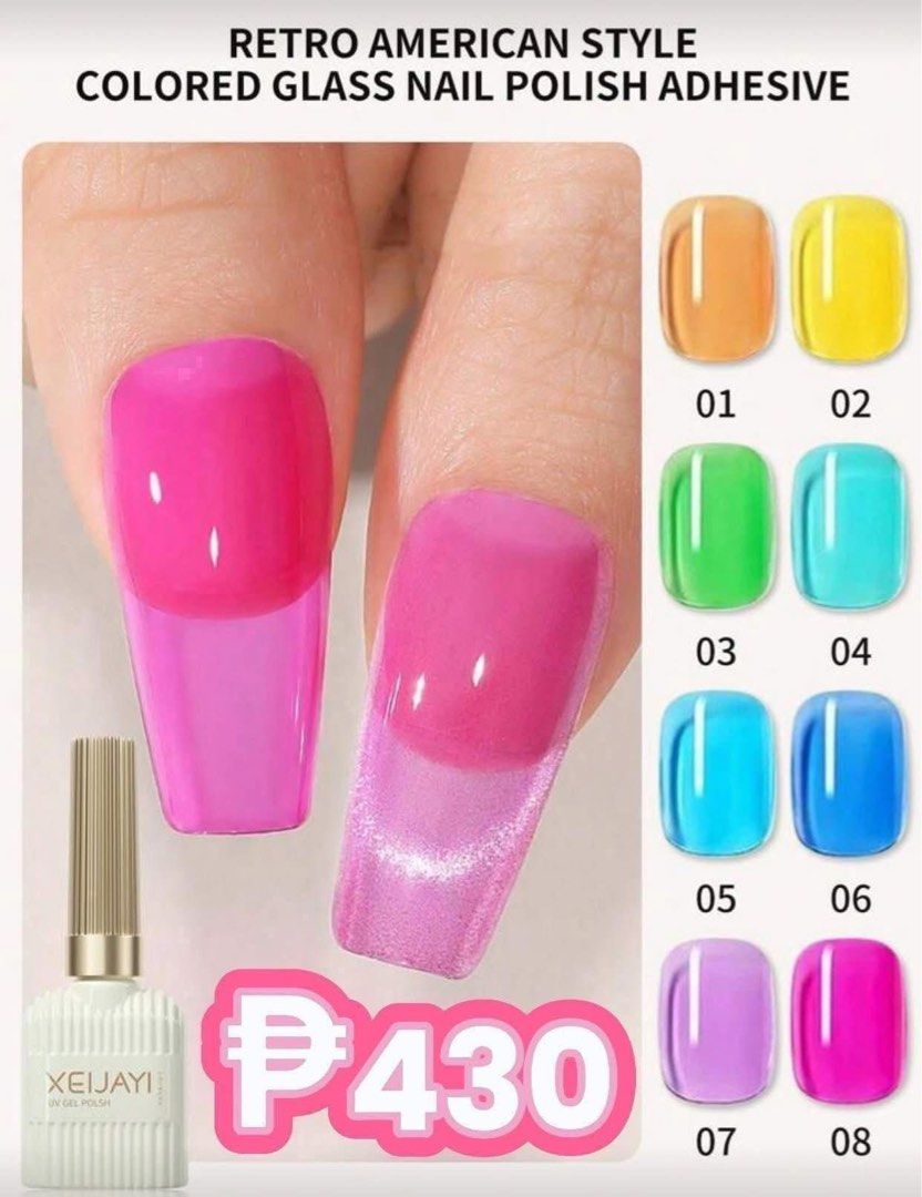 XEIJAYI jelly gel polish set (Category: Hands & Nails) located in Manila. Submitted by eijikim.11 (Listing ID 1452921231, Image 1). Description: - Get that retro American style with colored glass nail polish. - Long-lasting UV gel polish formula. - Available in 8 vibrant colors, numbered 01 to 08. - Perfect for creating unique and stylish nail art. - Easy to apply and requires curing under a UV lamp. 📍QC LOC PICK UP OR LALAMOVE CAN DO.