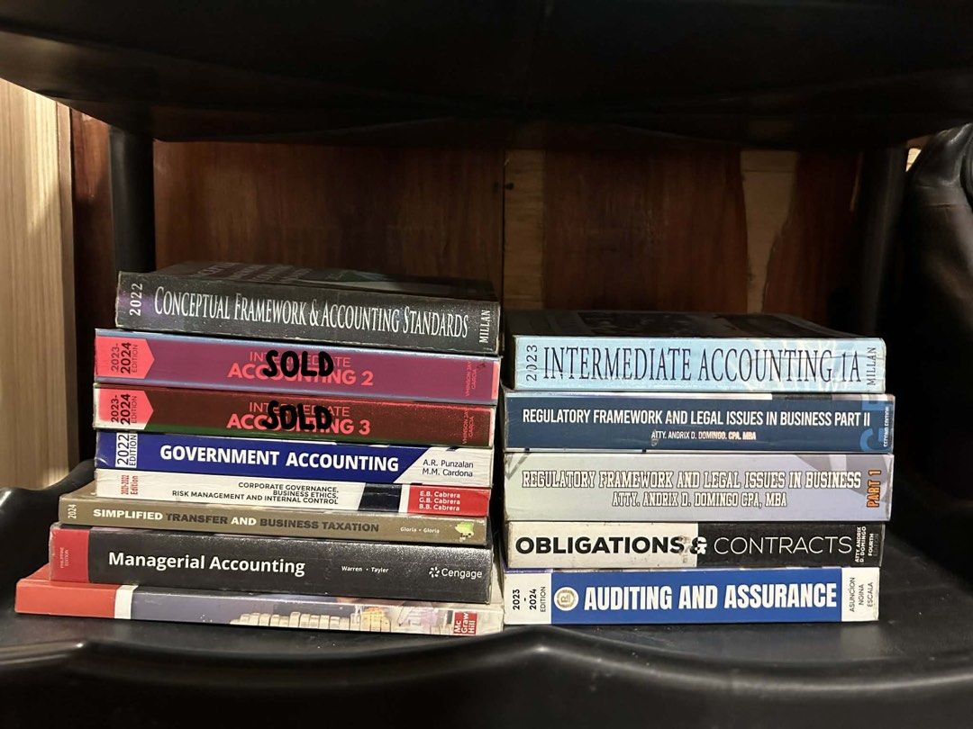 Accounting Textbooks - Intermediate, Government, Managerial (Category: Textbooks) located in Binmaley. Submitted by charberry (Listing ID 1422319817, Image 1). Description: - Accounting textbooks for sale - Includes: Intermediate Accounting 1A, 2, 3; Government Accounting; Managerial Accounting; and more. - Titles include: Conceptual Framework & Accounting Standards, Regulatory Framework and Legal Issues in Business, Obligations & Contracts, and 