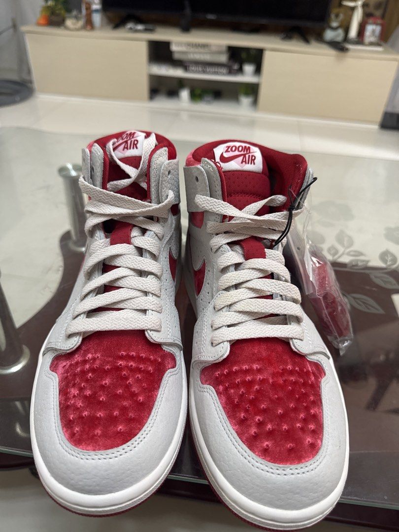 AIR JORDAN 1 Zoom CMFT "Anytime" (Category: Sneakers) located in San Fabian. Submitted by biivhern (Listing ID 1447529271, Image 1). Description: - Authentic Air Jordan 1 Zoom CMFT - Colorway: Grey and Red - Unique velvet accents on the toe box - Includes extra laces (Red & Black) - "Anytime" embroidery detail on the heel - Size: US 8 / EUR 39 -unisex RFS: MALIIT SAAKIN, PASALUBONG FROM CALI, USA. NO BOX BUT GUARANTEED ORIGINAL ❗️❗️❗️.