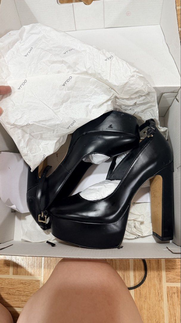 ALDO Black Platform Chunky Heel Shoes with Ankle Strap (Category: Heels) located in Subic. Submitted by franyb (Listing ID 1447672405, Image 3). Description: - Brand: ALDO - Type: Black platform heels - Features: Chunky block heel, ankle strap - Condition: Comes with original box and tissue paper - Size: 3 UK / 36 EUR - Perfect for dressing up any outfit.