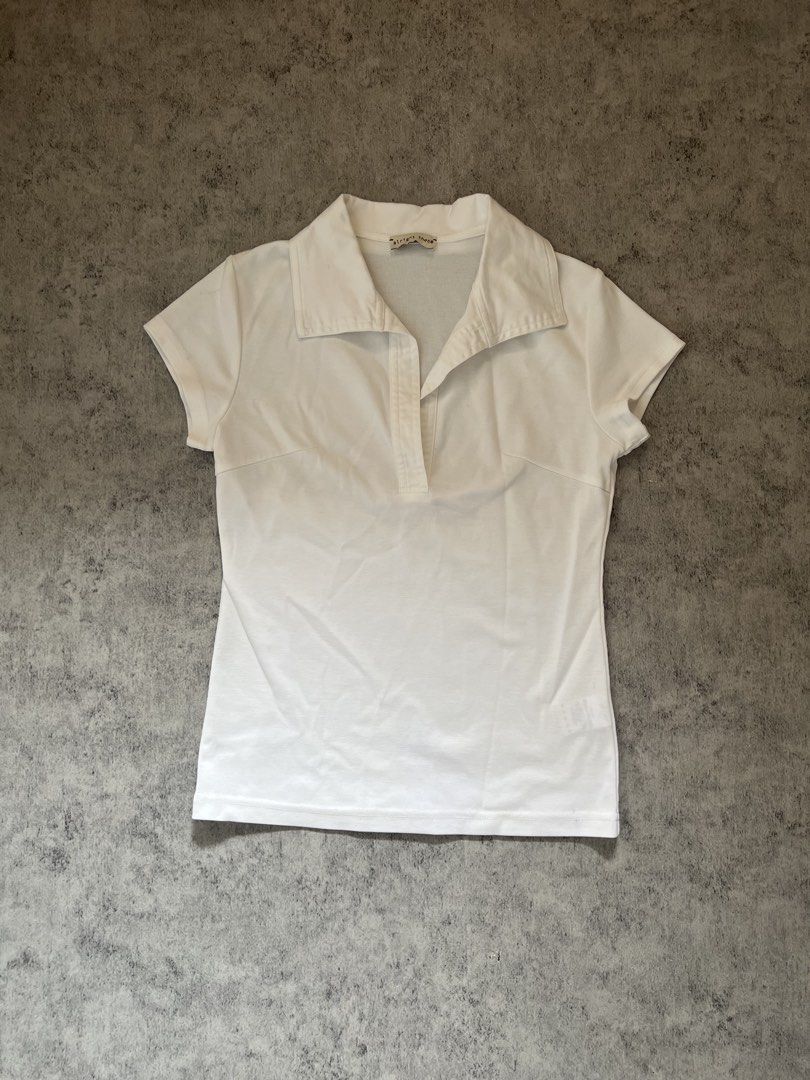 alright then collared polo shirt top - white (Category: Blouses) located in Bulacan. Submitted by modamuze (Listing ID 1447558193, Image 2). Description: fits small to medium frame thick fabric.