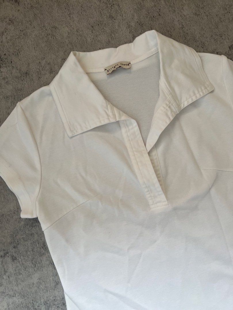 alright then collared polo shirt top - white (Category: Blouses) located in Bulacan. Submitted by modamuze (Listing ID 1447558193, Image 3). Description: fits small to medium frame thick fabric.