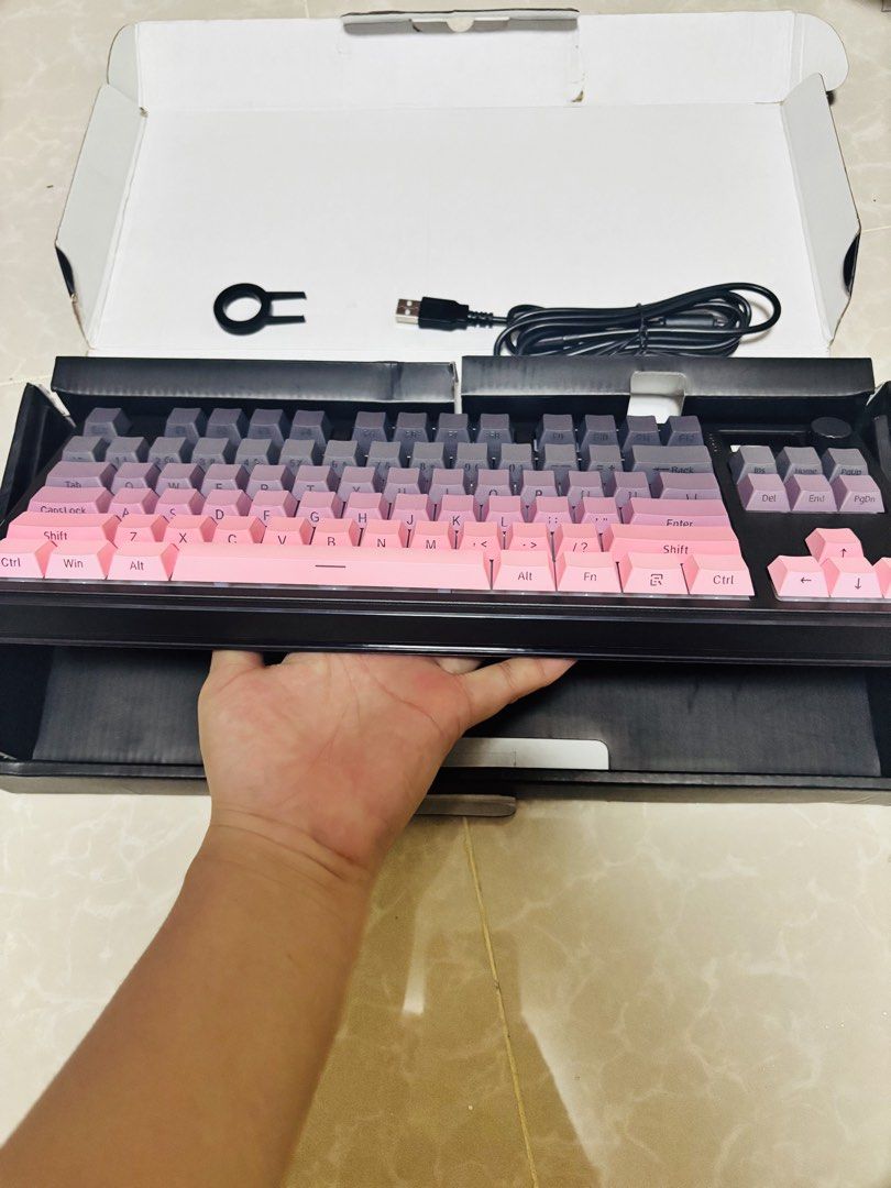 AULA S3187 Silicone Keyboard (Category: Computer Keyboard) located in Quezon City. Submitted by lottiebunny (Listing ID 1447478496, Image 3). Description: FIX PRICE -AULA S3187 Silicone Keyboard -Tri-mode - Chic Pink & Grey Gradient Keycaps - Includes USB Cable & Keycap Puller - Convenient Multifunctional Knob - Fashionable Exterior Design - Compatible with Multiple Systems.