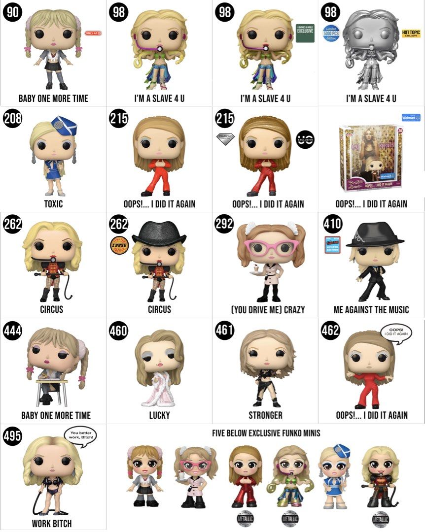 Authentic Whole Britney Spears Funko Pop! Collection (Category: Designer & Blind Box Toys) located in Bacolod City. Submitted by tmyshop21 (Listing ID 1447620960, Image 1). Description: - Collection of Britney Spears Funko Pop! figures - Features various iconic looks and album eras - Perfect for Britney fans and Funko collectors - All figures are in their original boxes - Grab these rare collectible pieces!.